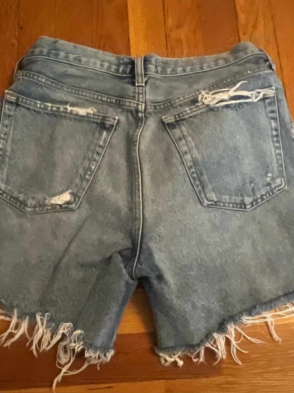 Agolde Distressed Light Blue Parker Long Denim Shorts